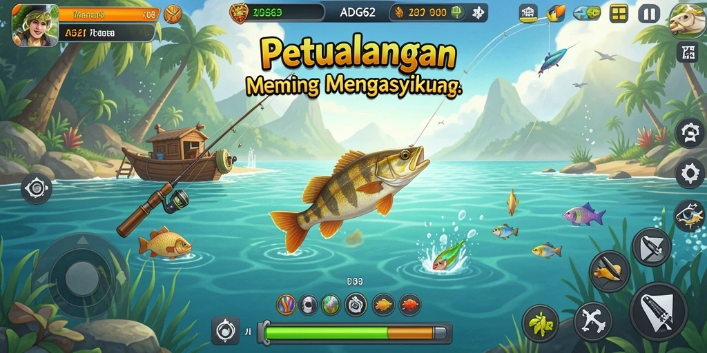 Gameplay menarik ADG62 saat pemain memancing di danau yang indah.