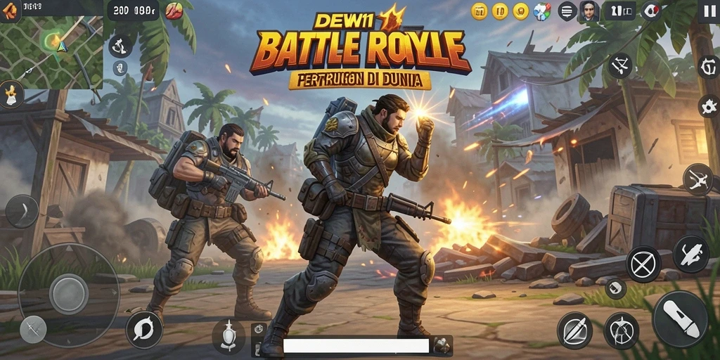 Tangkapan layar utama DEWI11 menampilkan aksi pertarungan seru dalam Battle Royale.