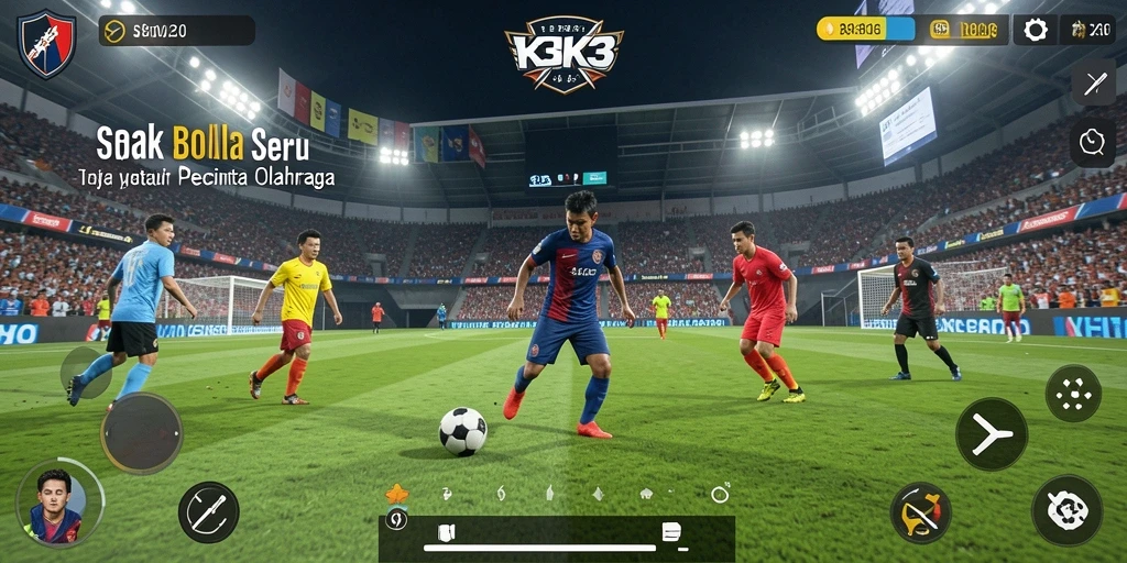 Gameplay K3K3 yang menampilkan aksi sepak bola yang mendebarkan.