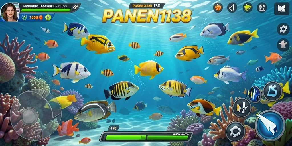 Tampilan gameplay seru dalam PANEN138 saat menembak ikan berwarna-warni.