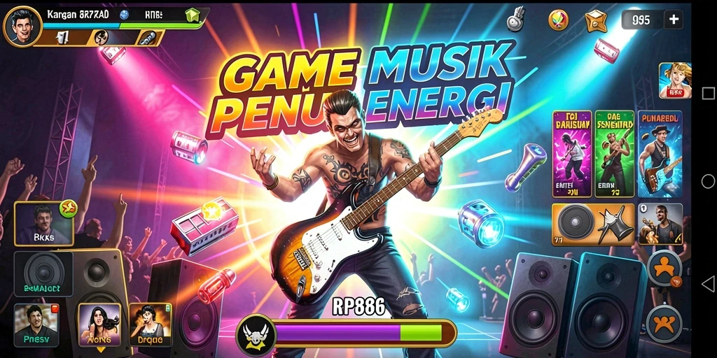 Tampilan gameplay RP886 yang penuh aksi dan musik yang menggugah semangat.