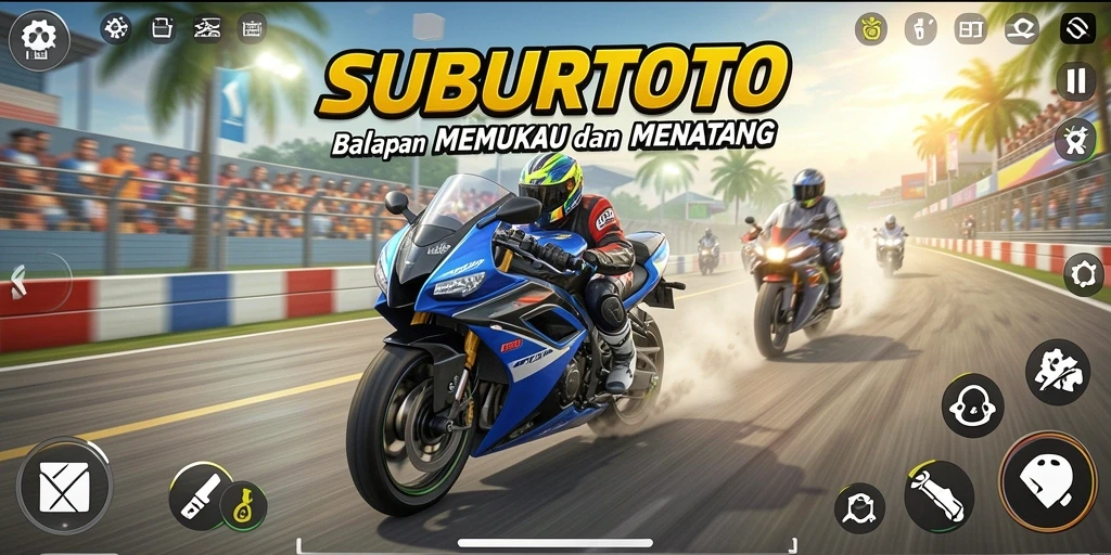 Tampilan seru dari gameplay SUBURTOTO saat balapan motor.