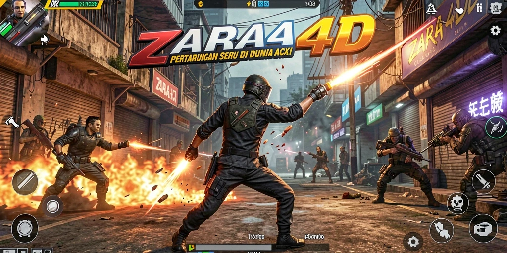 Gameplay seru ZARA4D dengan karakter beraksi di medan perang.