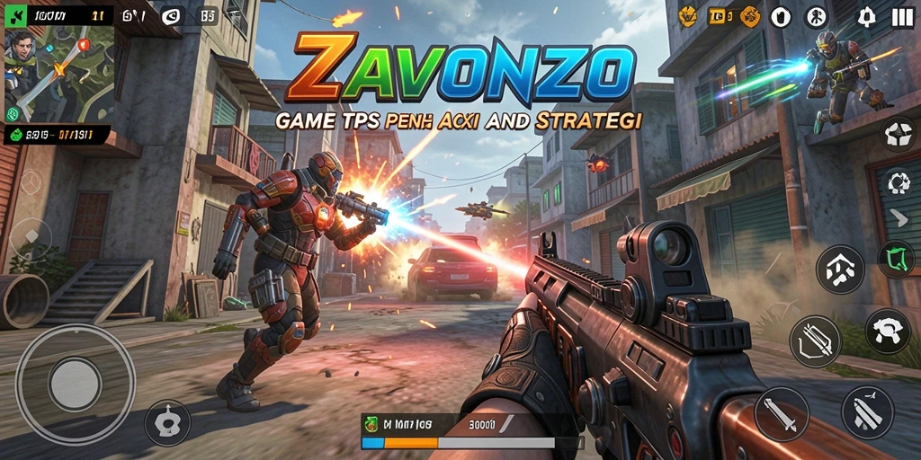 Screenshot ZAVONZO menampilkan aksi tembak-menembak yang intens.